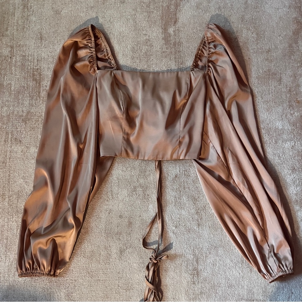 Emory Park Cropped Rose Gold Silk Long-Sleeve Top